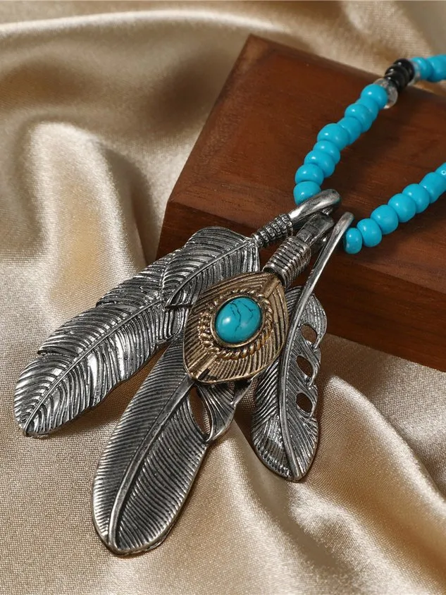 Vintage Feather Eagle Claw Pendant Necklace Women Boho Bead Necklace Sweater Chain