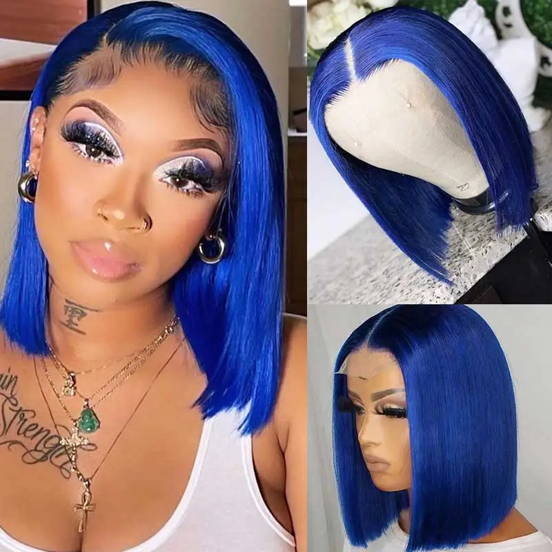 Sterly Dark Blue Wig Straight Colored Short Bob Transparent Frontal Lace Wig Human Hair