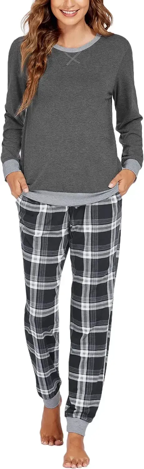 Women's Pajamas Sets Long Sleeve with Plaid Pants Soft Sleepwear O Neck 2 Piece Pjs Joggers Loung Set with Pockets