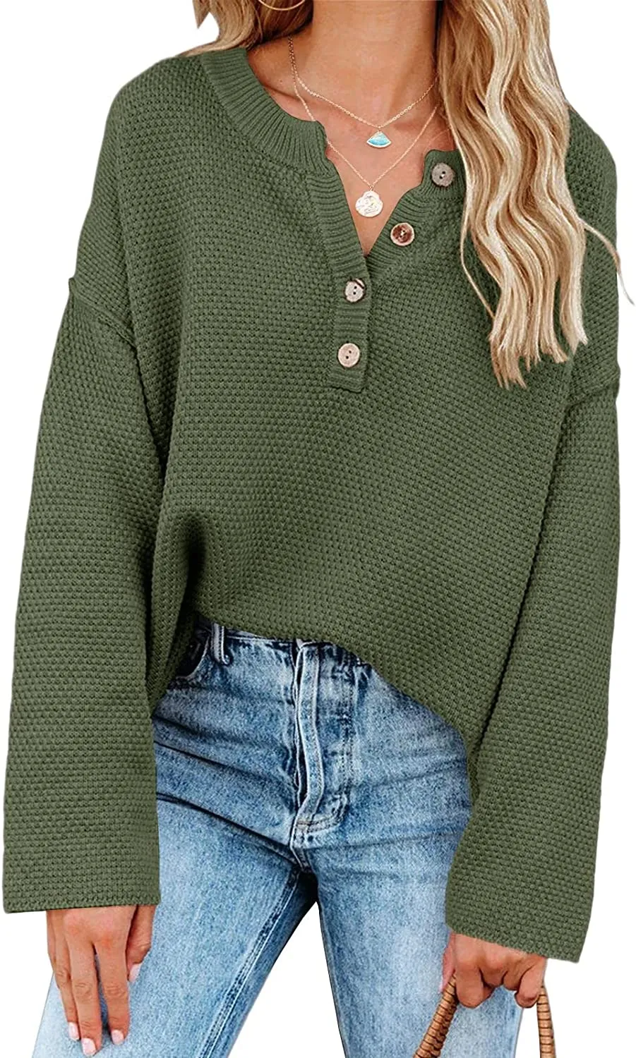 Women's Oversized Sweaters Batwing Long Sleeve Loose V Neck Button Henley Tops Pullover Knit Jumper