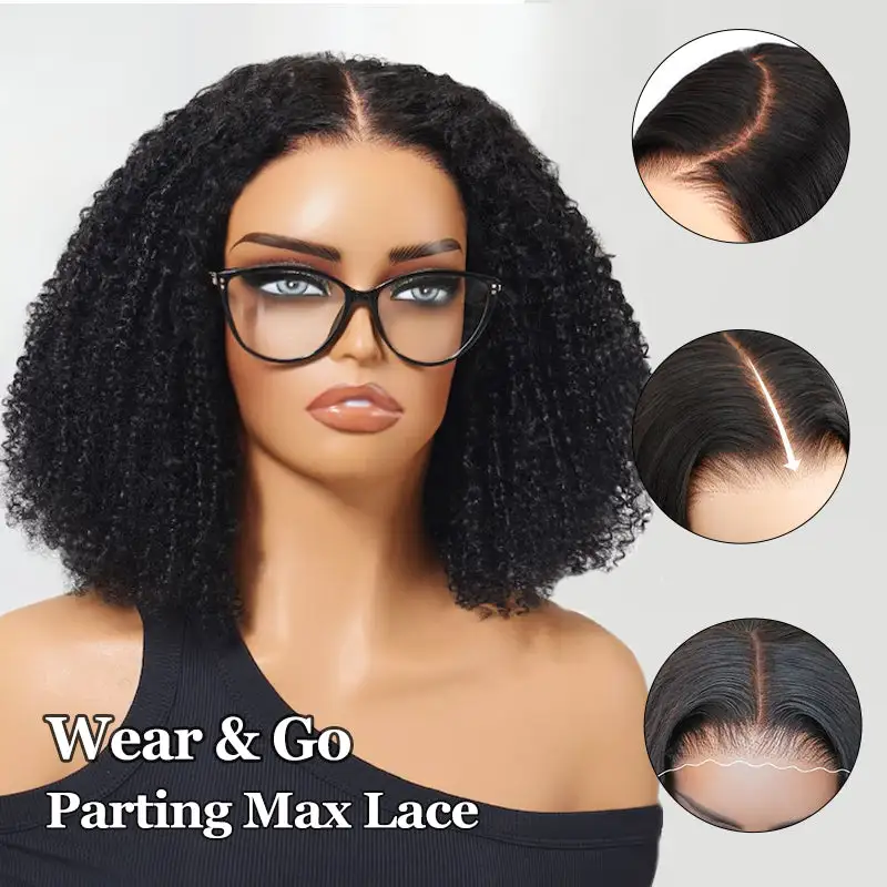 Glueless Flexi-Fit Invisi Drawstring Cap Afro Kinky Curly Wave Bob Wig Human Hair Wigs