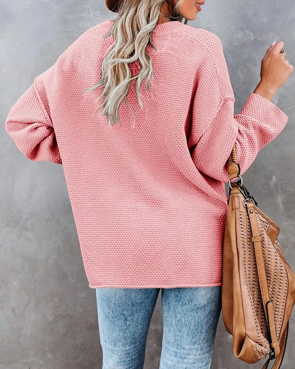 Women's Oversized Sweaters Batwing Long Sleeve Loose V Neck Button Henley Tops Pullover Knit Jumper