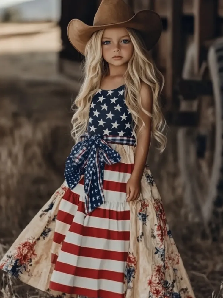 Young Girl's Independence Day Patchwork Floral America Flag With Bow Art Linen Tank Dress（with Belt）