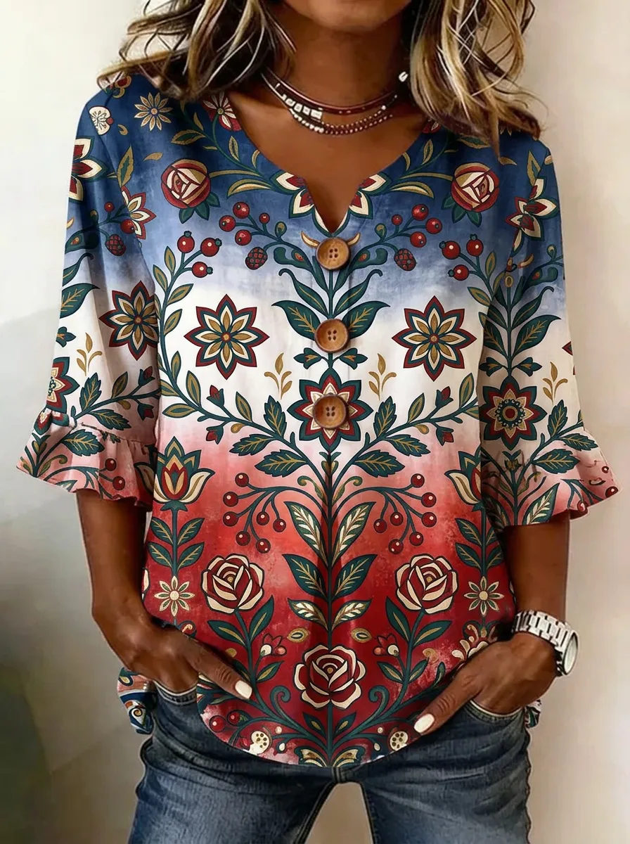 Women's Nashville Floral Rose Gradient Printed V-Neck Button Top