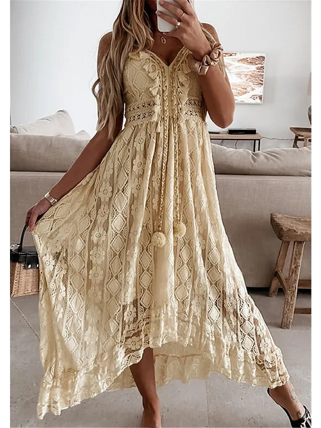 Women's Party Dress Lace Dress Casual Dress Holiday Dress Long Dress Maxi Dress White Beige Sleeveless Print Lace Summer Spring V Neck Basic