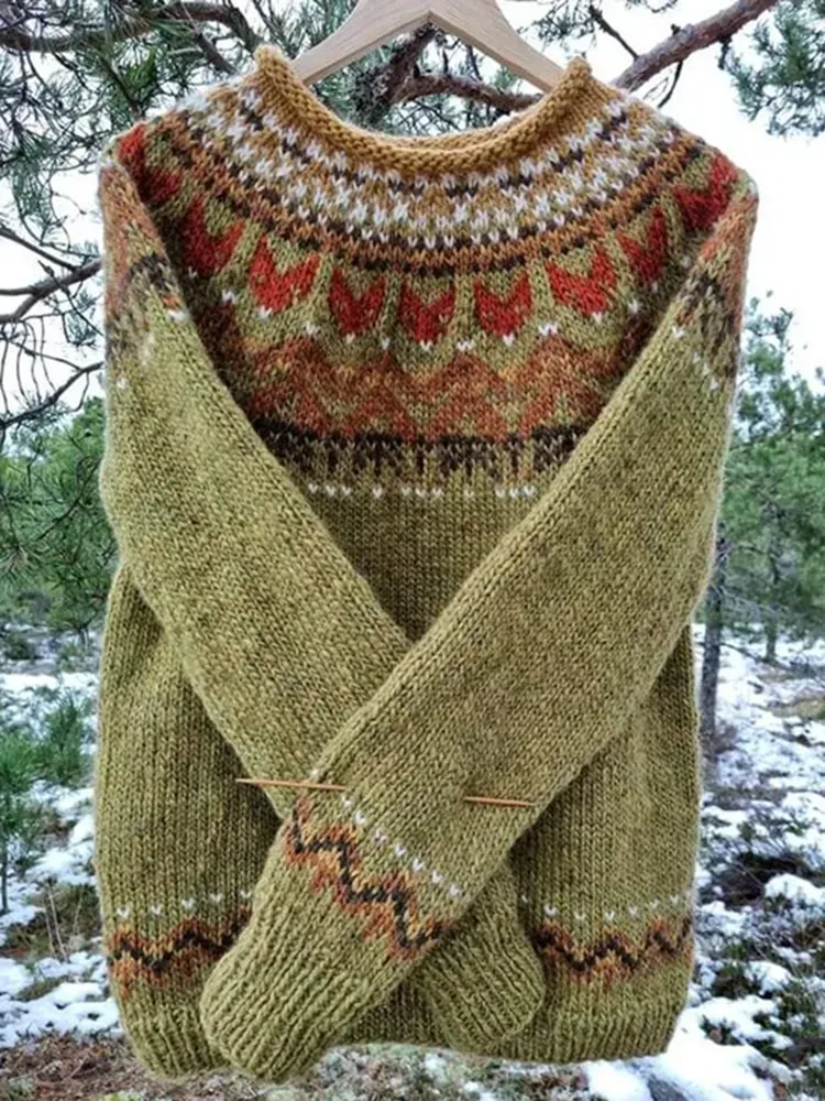 Vintage Icelandic Knit Jacquard Warmth Crew Neck Sweater(Unisex)