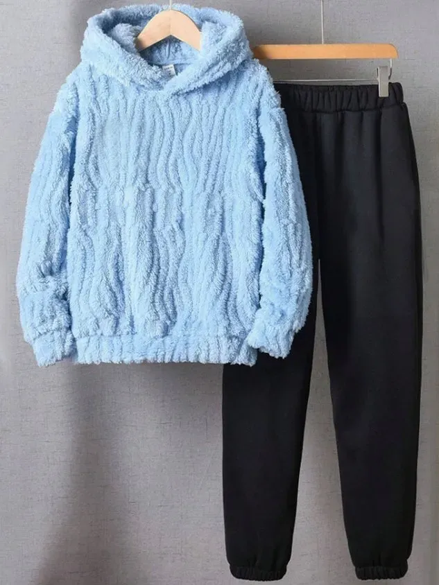 Women Plain Hoodie Long Sleeve Comfy Casual Top With Pants Two-Piece Set