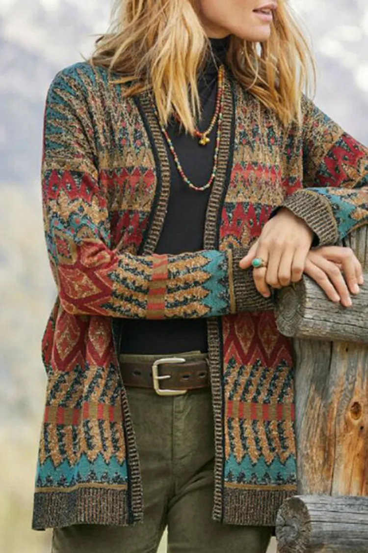 Women's Vintage Ethnic Autumn V-Neck Sweater Cardigan