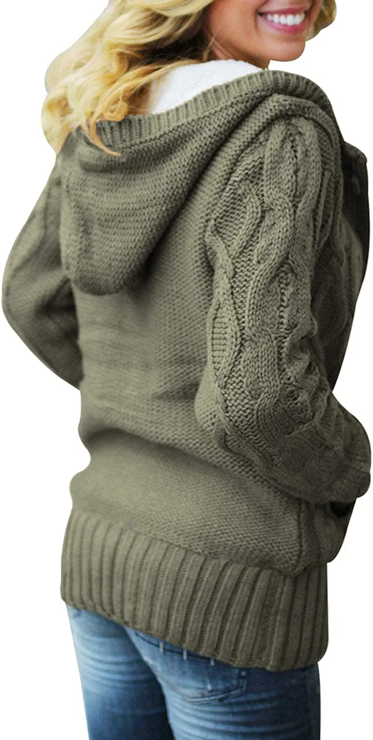 Womens Hooded Cardigans Button Up Cable Knit Sweater Coat Outerwear with Pockets