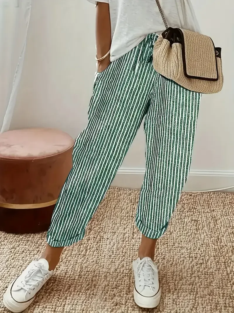 Women's Striped Wide-Leg Casual Pants - High-Waisted, Lightweight Polyester, Machine Washable, All-Season Comfort with Side Stripe Detail