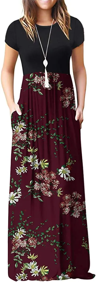 Women's Short Sleeve Loose Plain Maxi Dresses Casual Long Dresses with Pockets