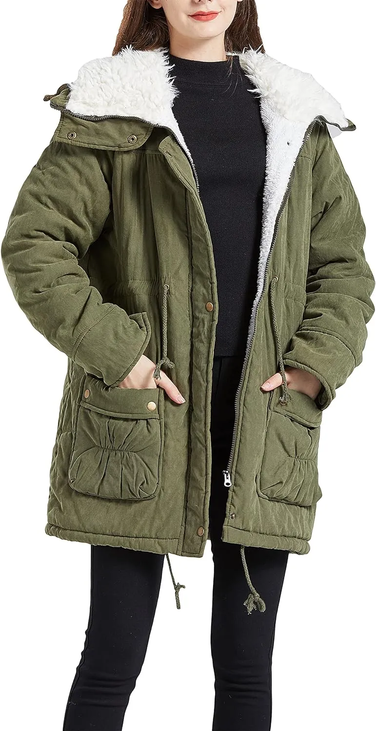 Women's Winter Mid Length Thick Warm Faux Lamb Wool Lined Jacket Coat