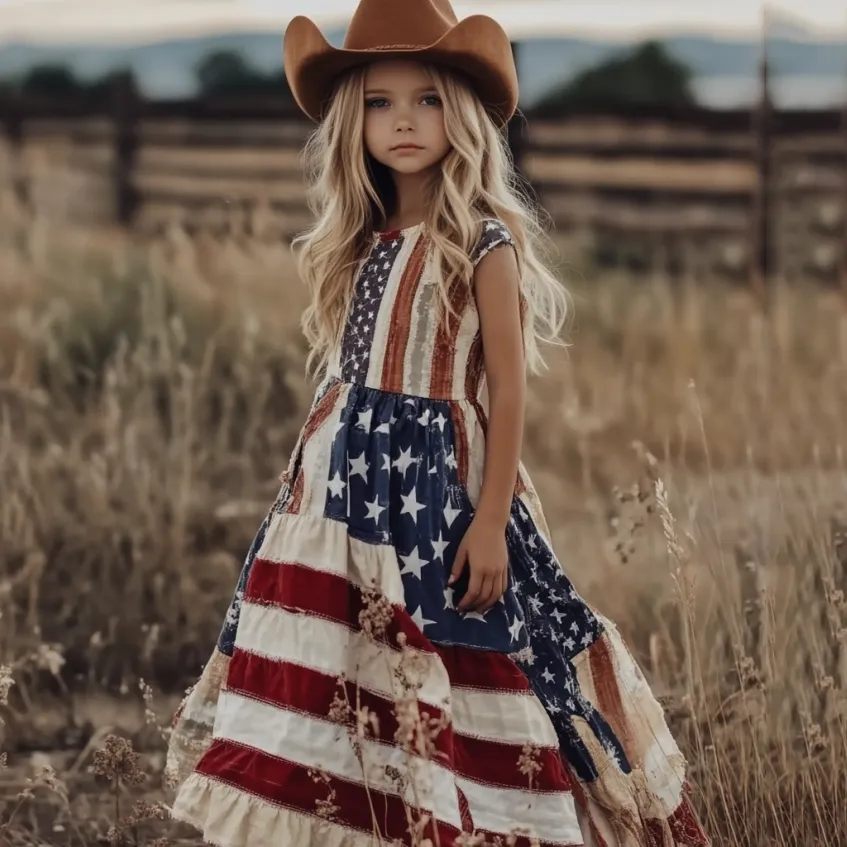Young Girl's Independence Day Patchwork America Flag Print Linen Tank Dress（with Belt）