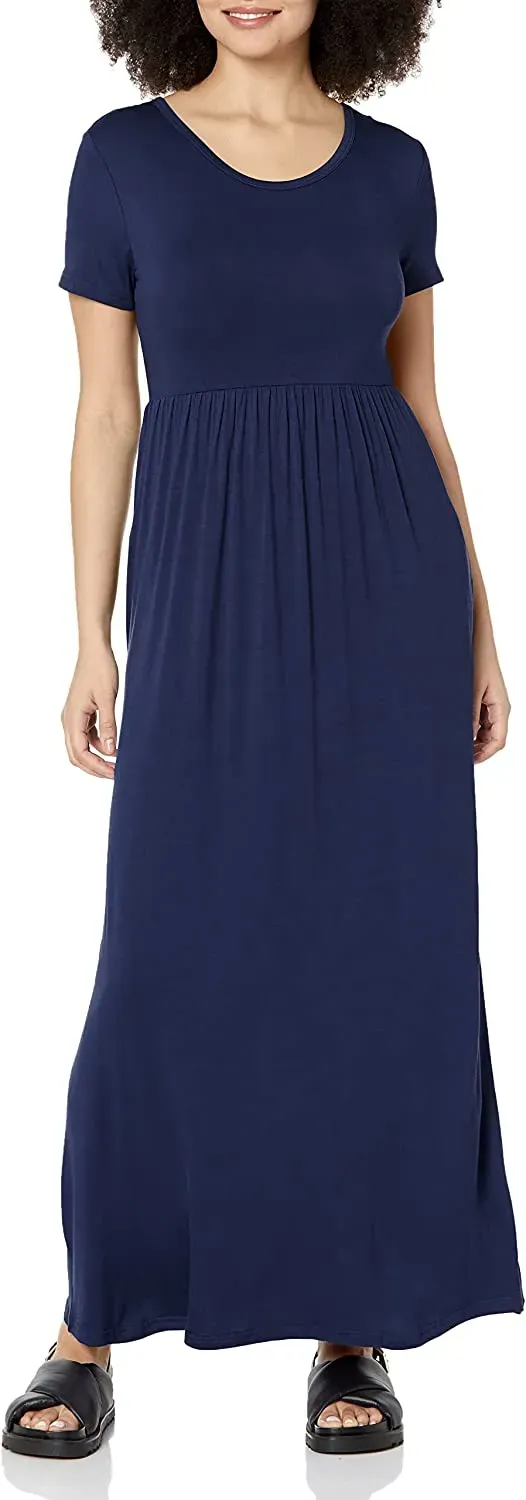 Women's Short Sleeve Loose Plain Maxi Dresses Casual Long Dresses with Pockets