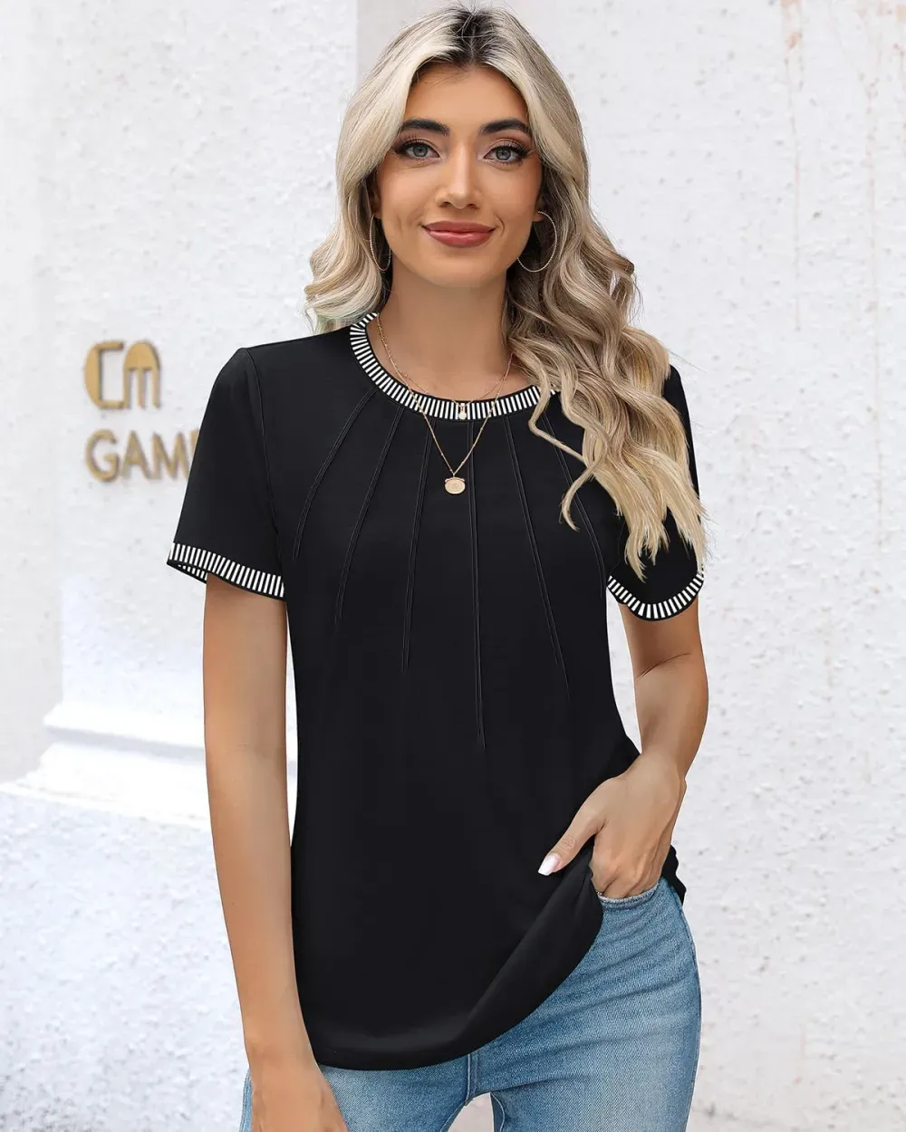 Kistore Womens Casual Crew Neck Short Sleeve Pleated Tops Blouses Fashion Clothes 2024