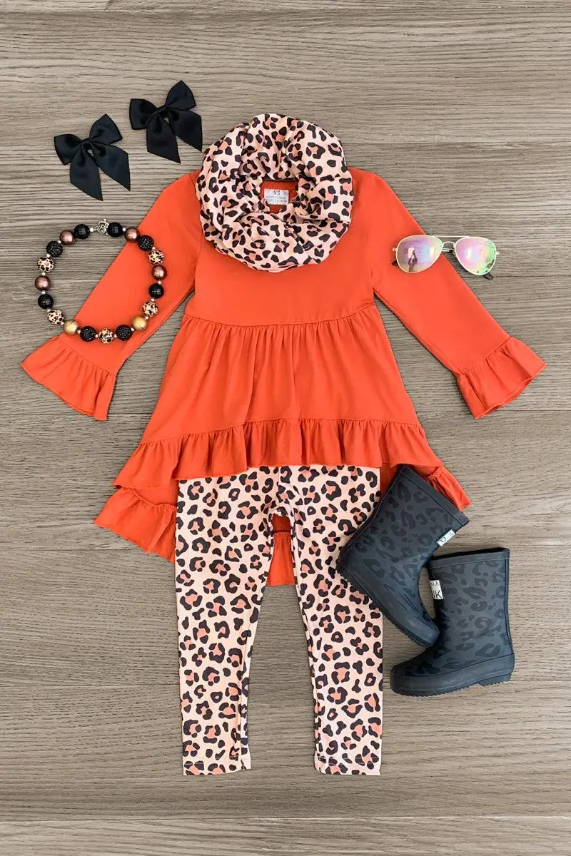 Orange Leopard Legging Scarf Set