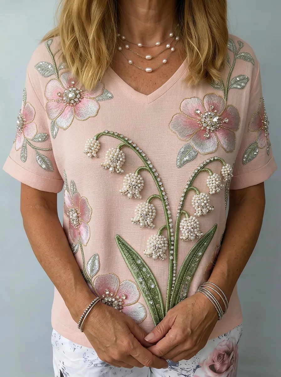 Women's Nashville Floral Lily of the Valley Beaded Embroidered Printed T-shirt