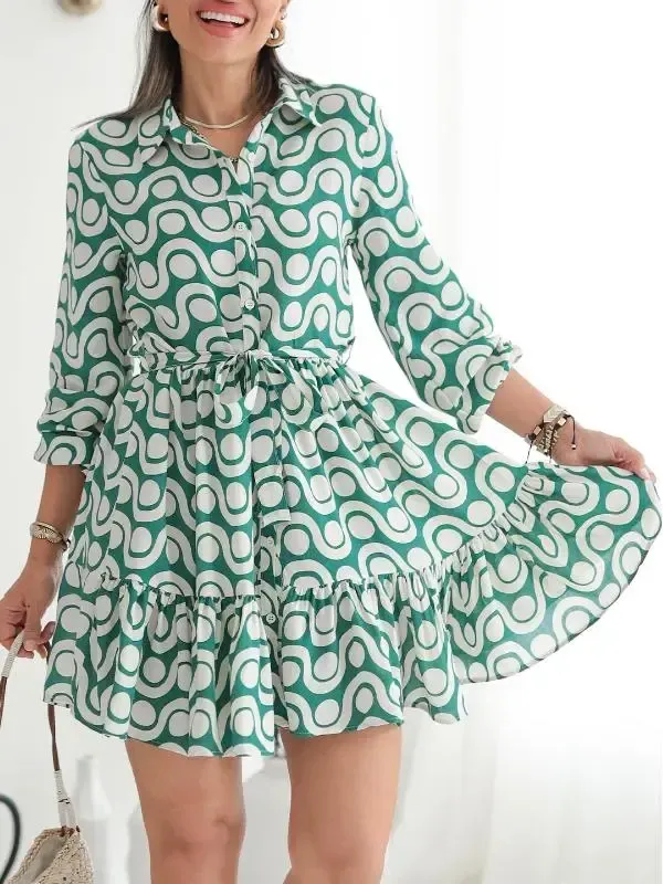 Women's Lapel Sleeve Printed Casual Dress