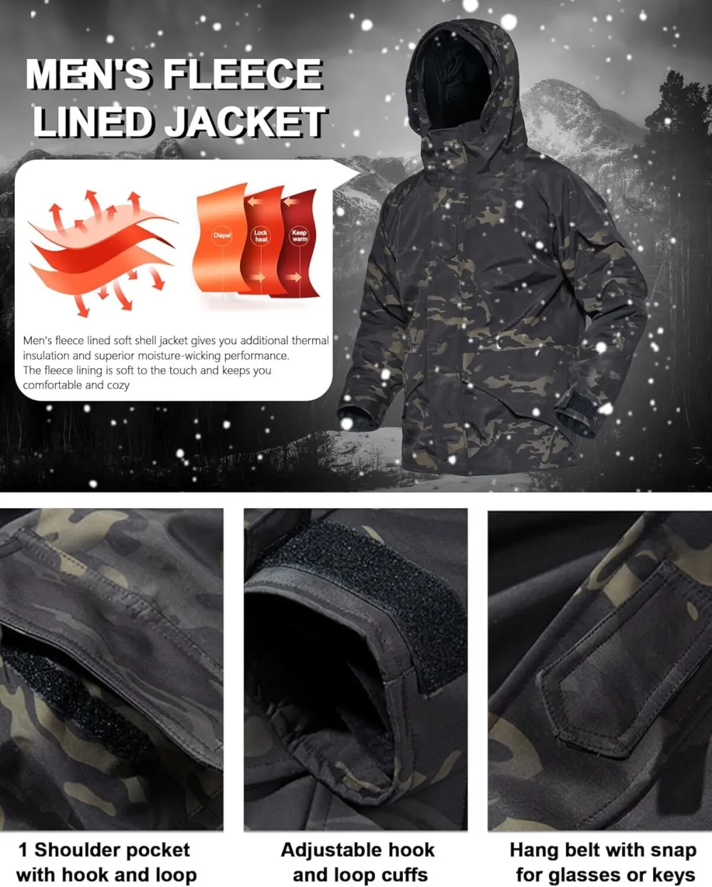 Men's Fleece Lined Soft Shell Jacket Winter Waterproof Hooded Coat Windproof Camo Tactical Jacket
