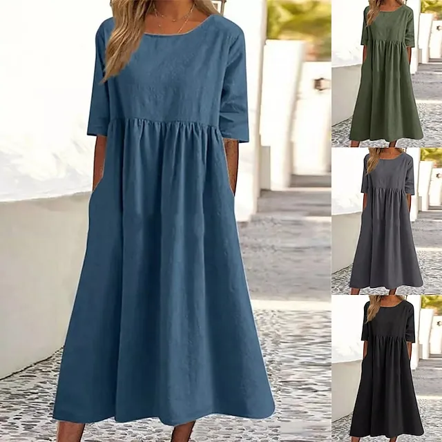 Women's Casual Dress Cotton Dress Swing Dress Midi Dress Cotton Basic Casual Outdoor Daily Crew Neck Pocket Smocked Half Sleeve Summer Spring Fall 2023 Loose Fit Light Blue Black White Pure Color S M