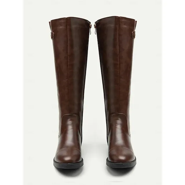 Elegant Women's Brown Leather Riding Boots with Side Zipper and Buckle Detail, Perfect for Equestrian and Casual Outfits
