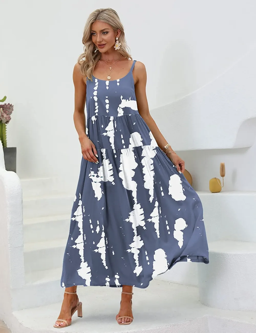 Summer Dresses for Women Casual Loose Bohemian Floral Dress with Pockets Spaghetti Strap Maxi Dress E75