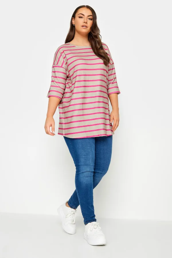 YOURS Curve Natural Brown & Pink Stripe Soft Touch Jumper