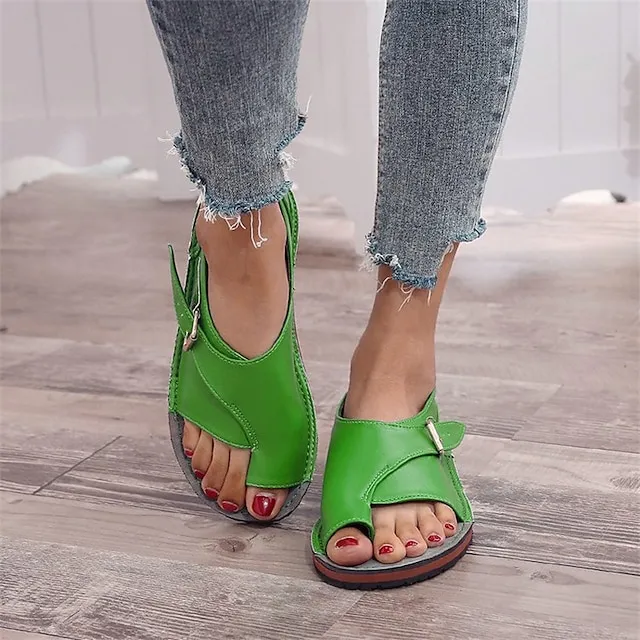 Women's Sandals Flat Sandals Orthopedic Sandals Bunion Sandals Plus Size Outdoor Daily Beach Summer Flat Heel Open Toe Casual Classic Minimalism Faux Leather Buckle Color Block Black&Gray red&green