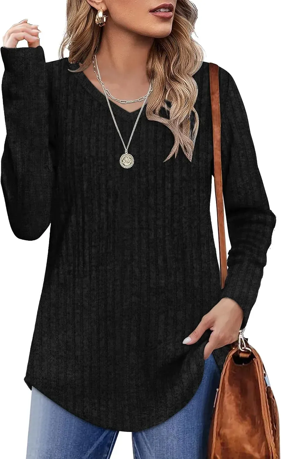 OFEEFAN Long Sleeve Shirts for Women Lightweight Crew Neck Casual Tunic Tops