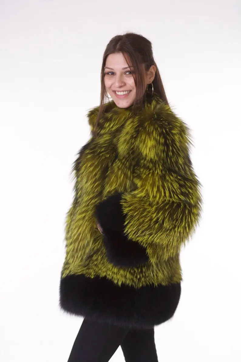Lime Green and Black Fox Fur Coat Women’s