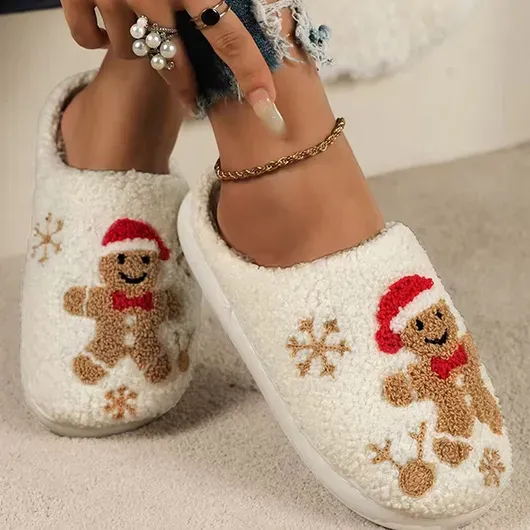Christmas Beige Closed Toe Falt Slippers