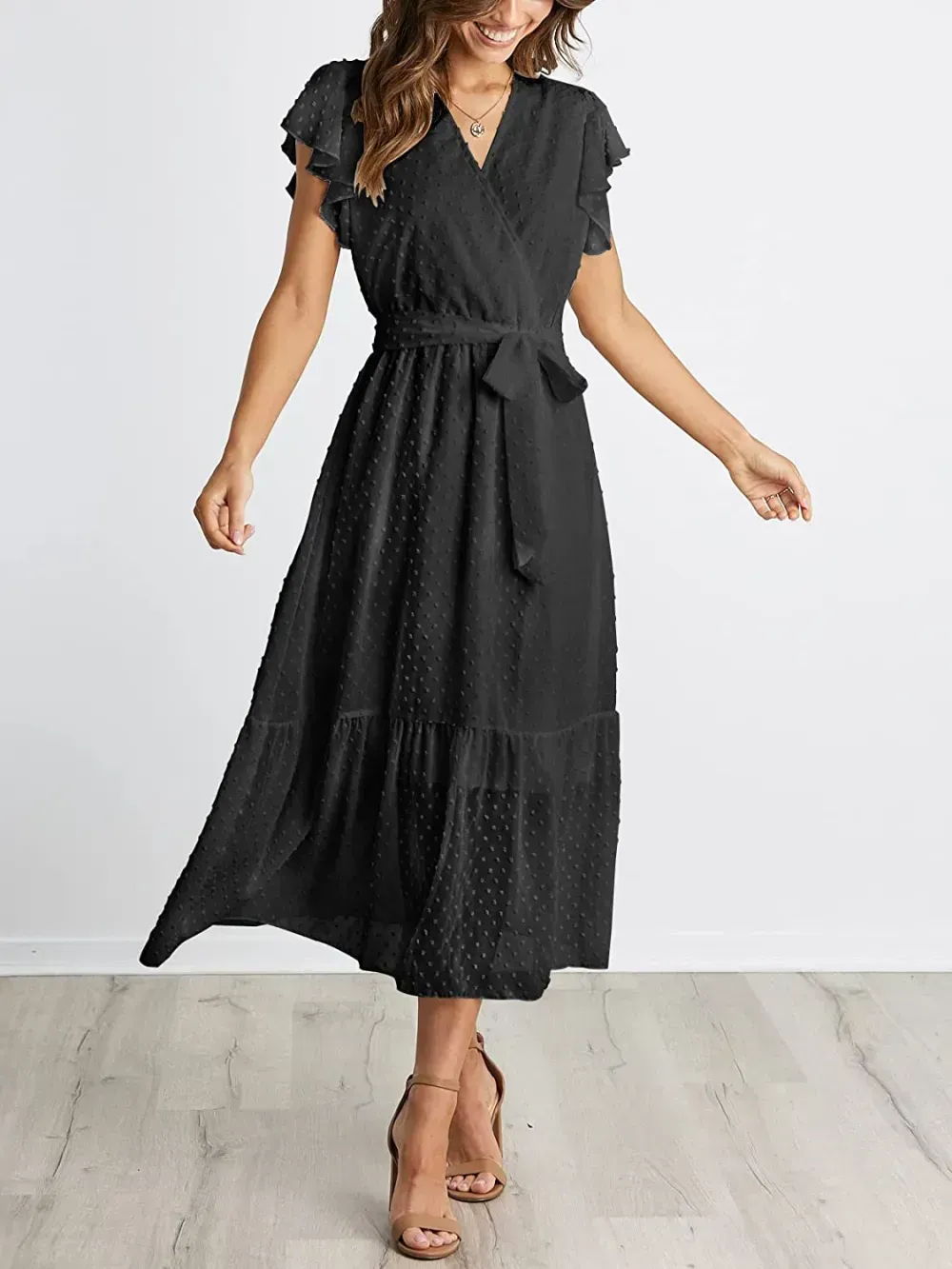 Women Summer Bohemian Floral Casual Wrap V Neck Ruffle Cap Sleeveless Belt A-Line Pleated Hem Swing Midi Sun Dress