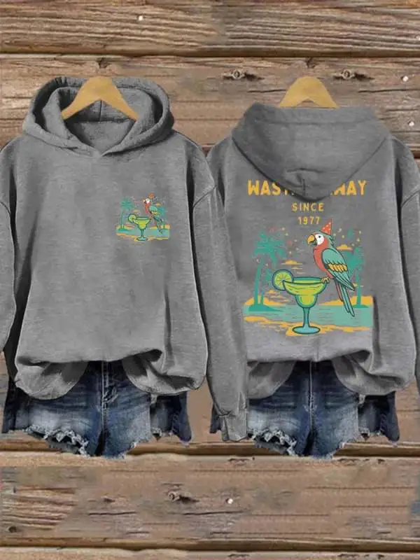 Retro Parrot Margarita Wasting Away Since 1977 Print Hoodie