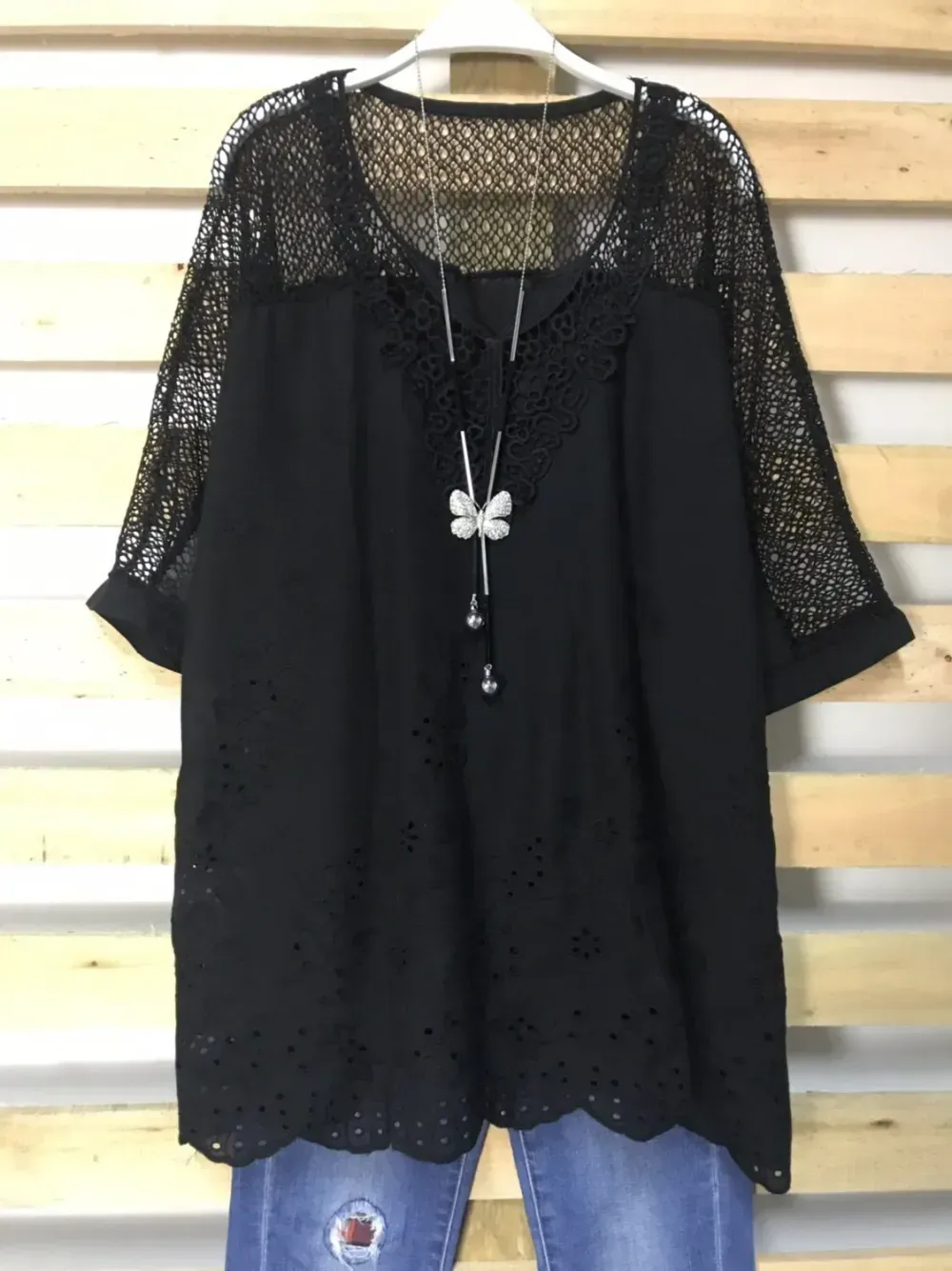 Woman Fashion Openwork Lace Shirt Tops Blouse
