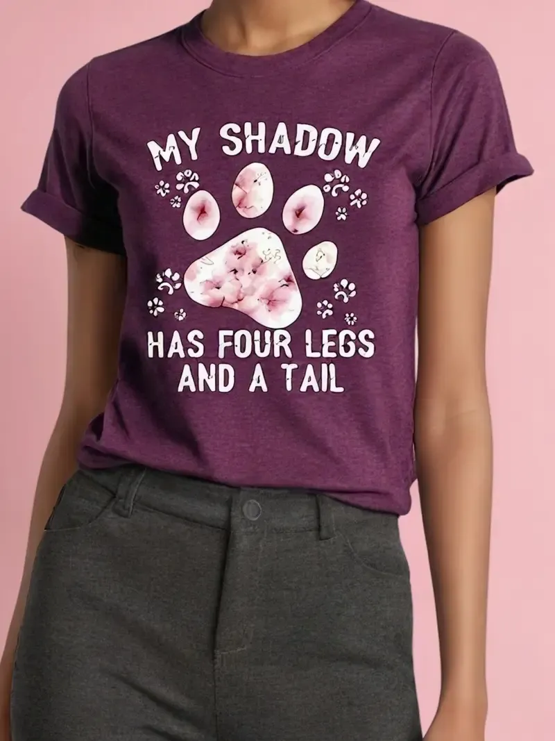 Paw Print Crew Neck T-Shirt, Casual Short Sleeve Top For Spring & Summer, Women's Clothing