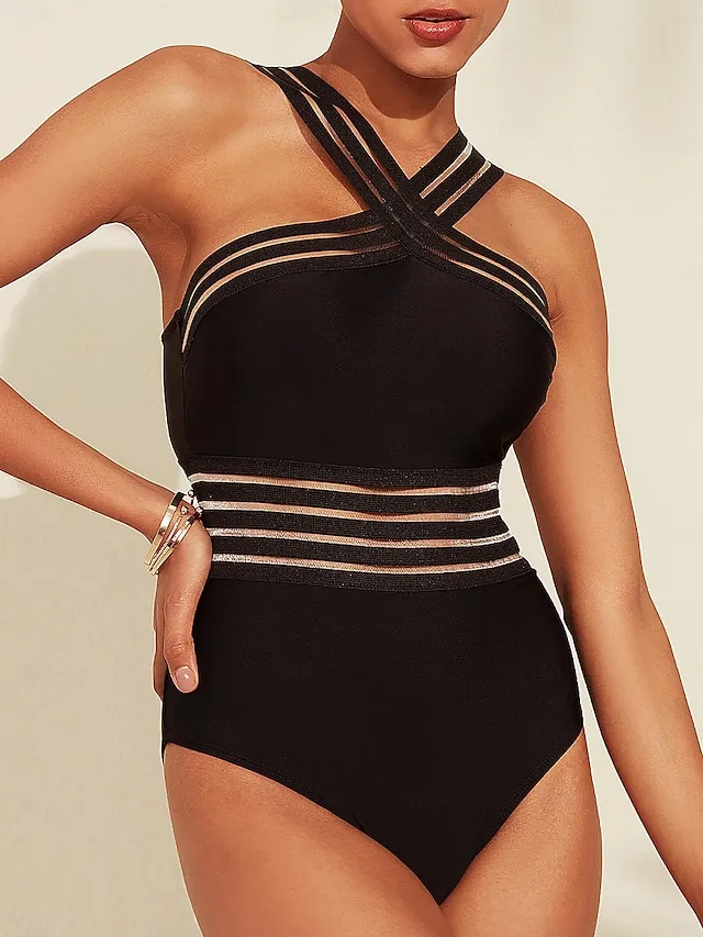 Cross Front Solid One-piece Swimsuit