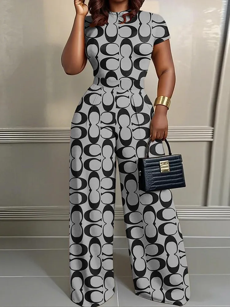 Simple Letter Print 2Pcs Set Wide Leg Jumpsuit