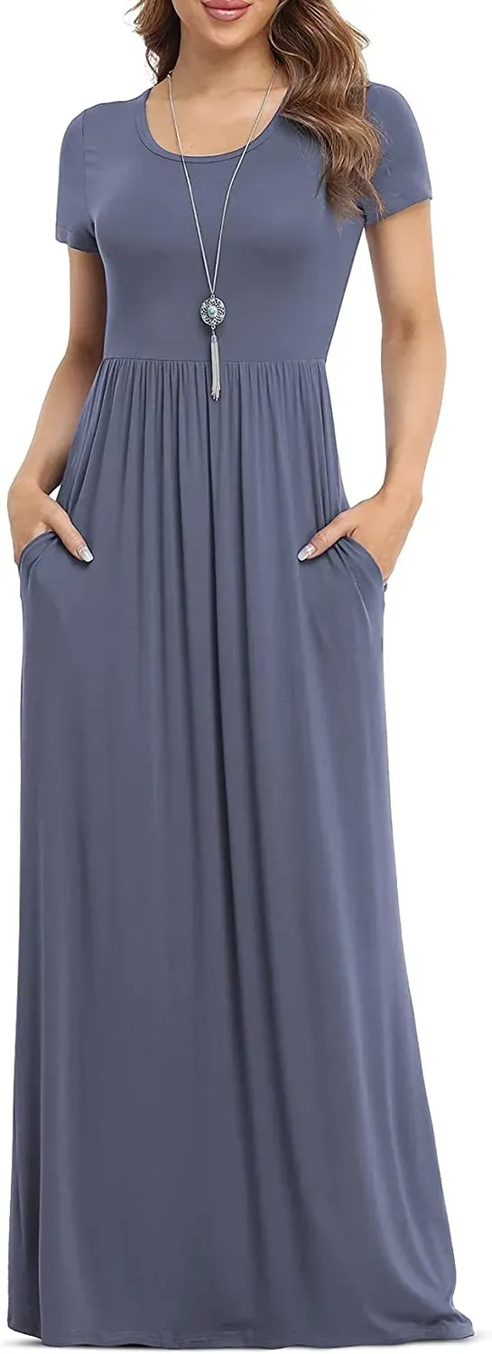 Women's Short Sleeve Loose Plain Maxi Dresses Casual Long Dresses with Pockets