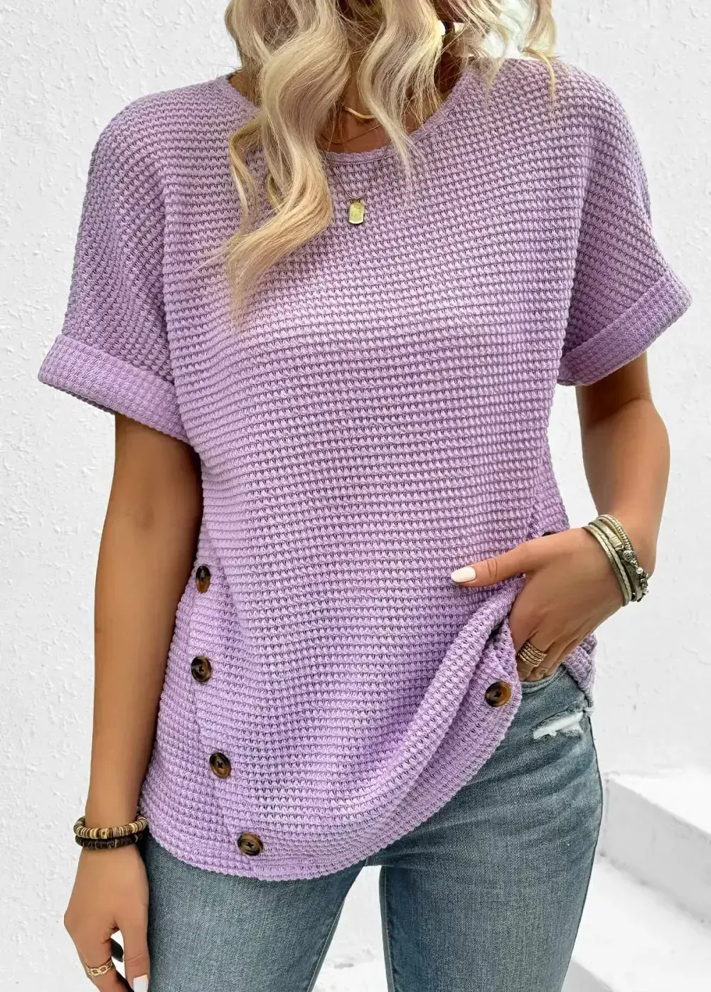 Light Purple Button Short Sleeve Round Neck T Shirt
