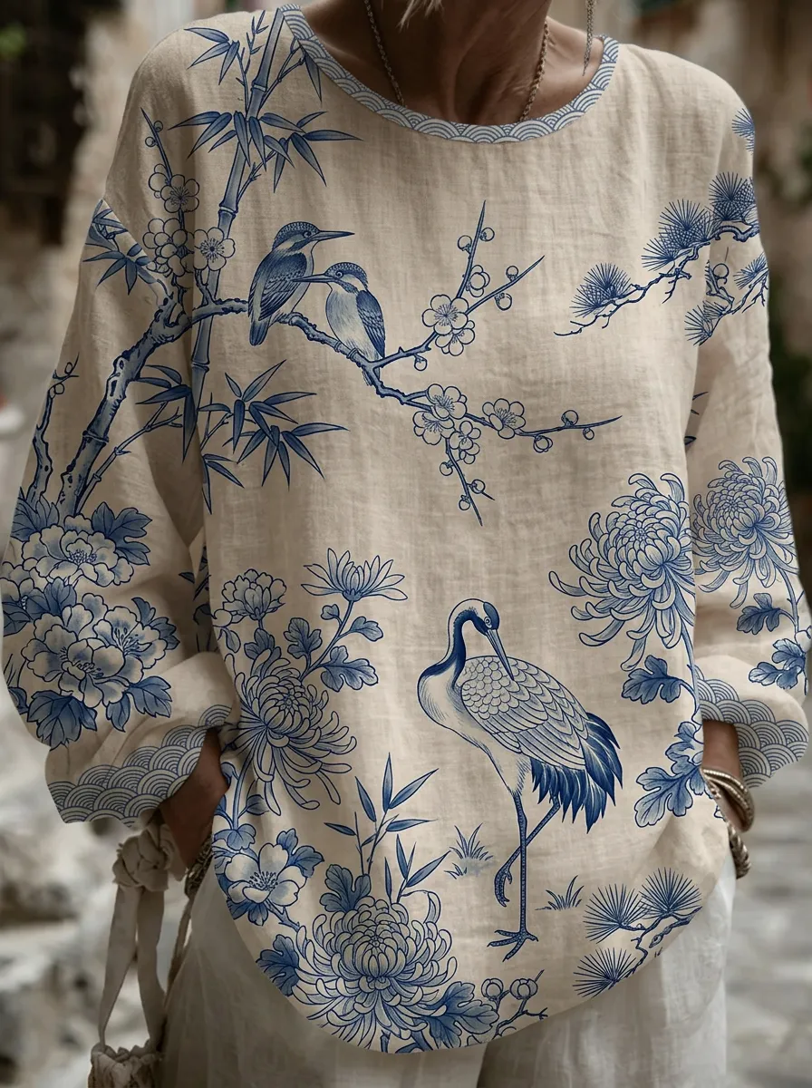 Women's Nashville Blue Crane Floral Bird Printed Long Sleeve Top