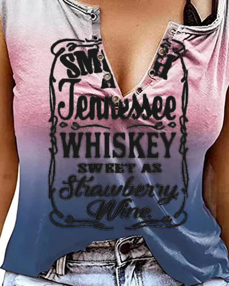 Smooth As Tennessee Whiskey Sweet As Strawberry Wine Print Eyelet Decor Casual Tank Top