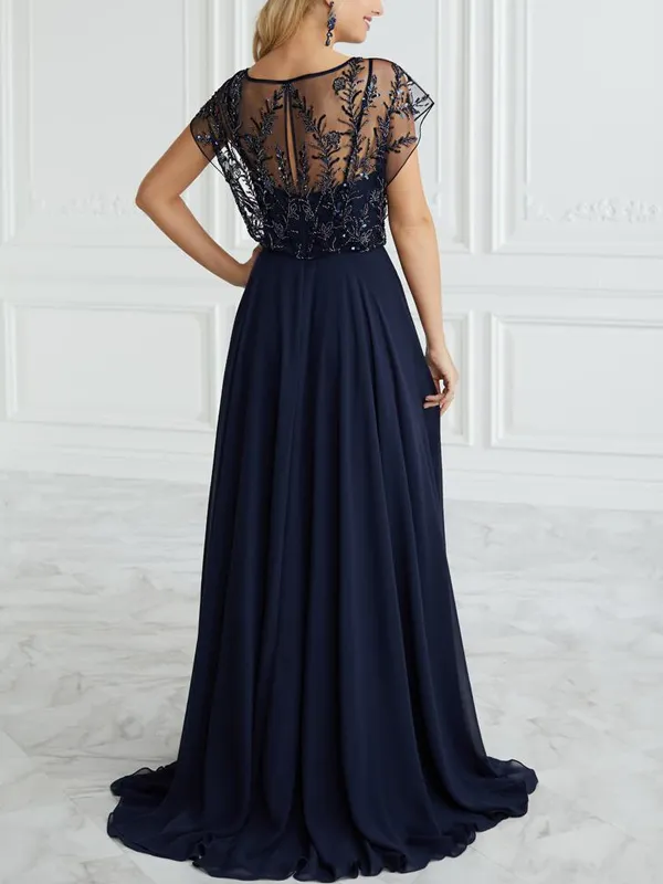 Round neck lace short-sleeve printed maxi dress