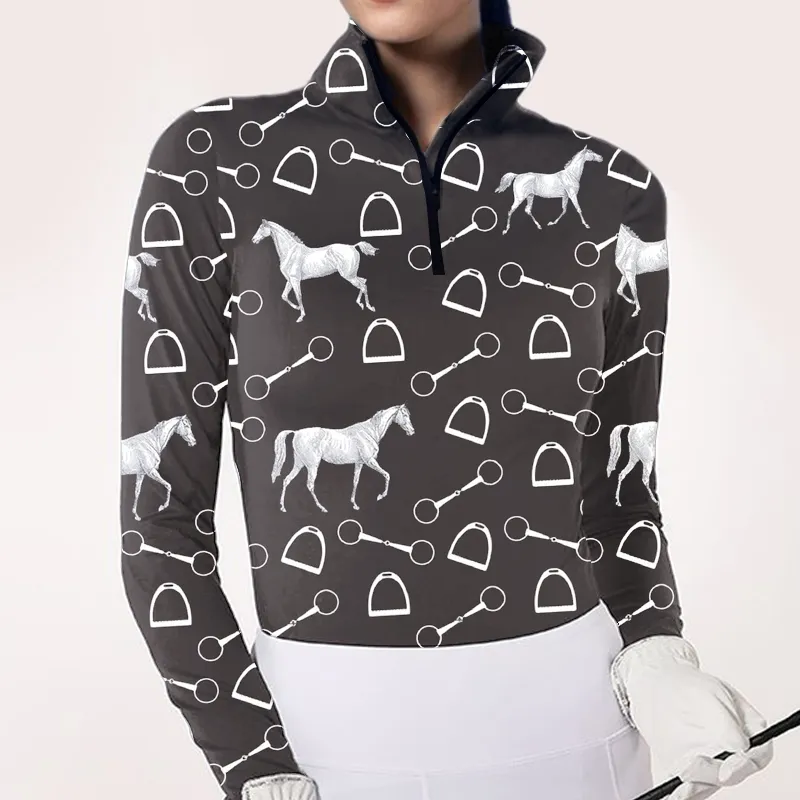 Women's Riding Style Horse Shoes&Bibs Print Long Sleeve Casual Shirt