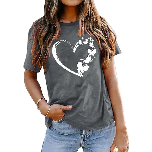 Women's T shirt Tee Cotton 100% Cotton Butterfly Heart pea green Black White Basic Print Short Sleeve Home Daily Date Basic Round Neck Regular Fit T-shirt Sleeve Summer