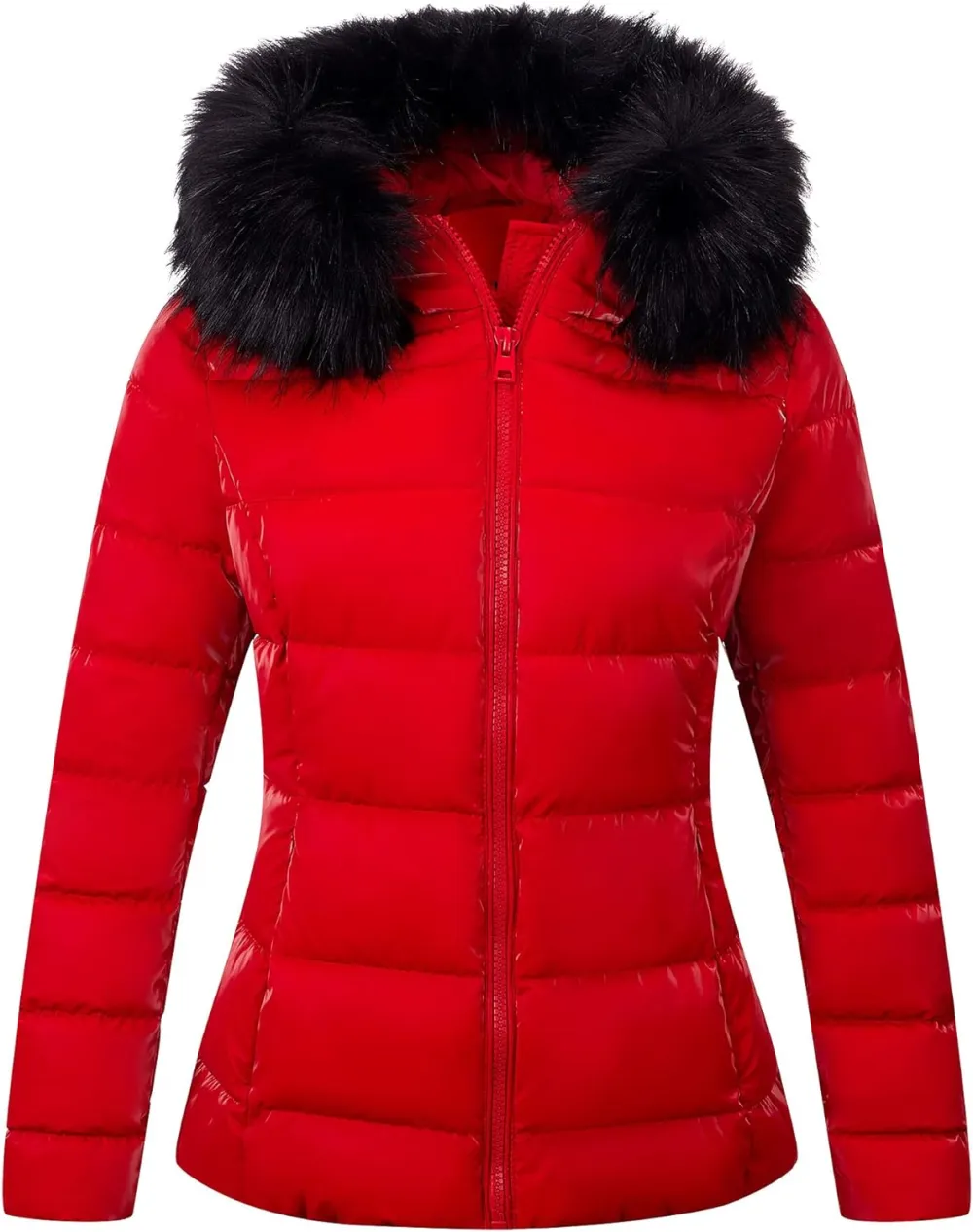 Womens Lightweight Puffer Jacket, Winter Coats for Women Warm Quilted Bubble Padded Hood Coat with Faux Fur Collar