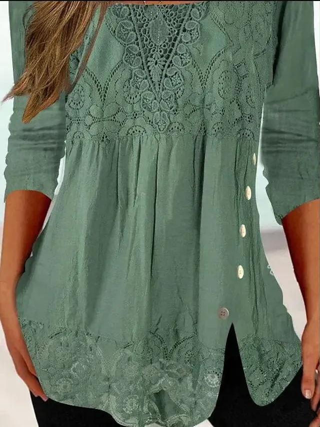 Women's Shirt Blouse Pink Dark Green Gray Plain Lace Long Sleeve