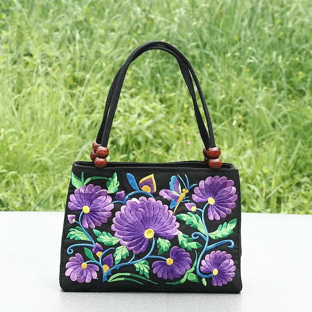 Women's Handbag Canvas Outdoor Holiday Embroidery Large Capacity Breathable Lightweight Folk Dark Red Black / Red Blue peacock