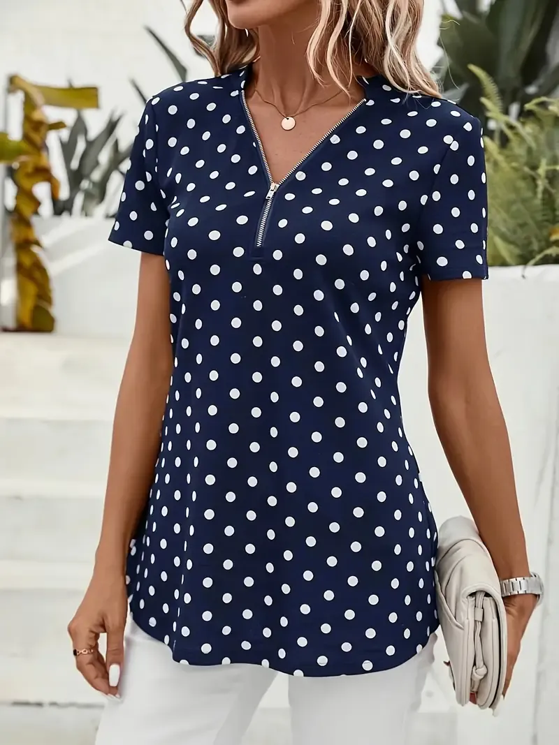 Polka Dot V-Neck Zipper Blouse, Short Sleeve Spring Summer Blouse for Women