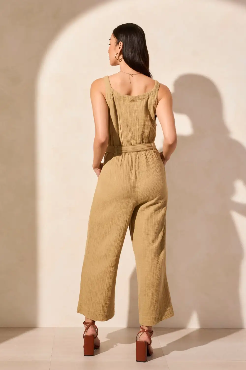 Cotton Gauze Belted Jumpsuit-Nudeolive