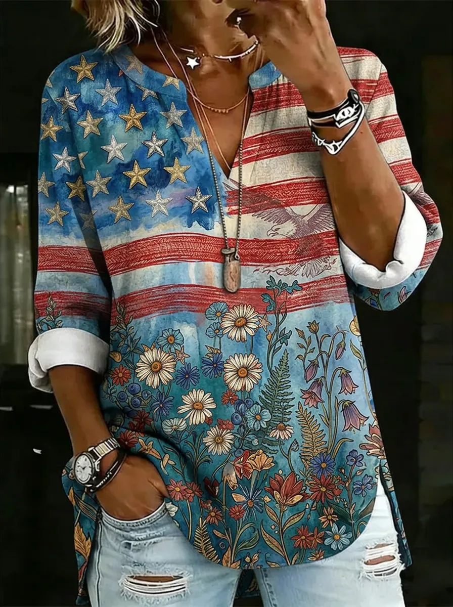 Women's Nashville American Flag Floral Printed V-neck Top